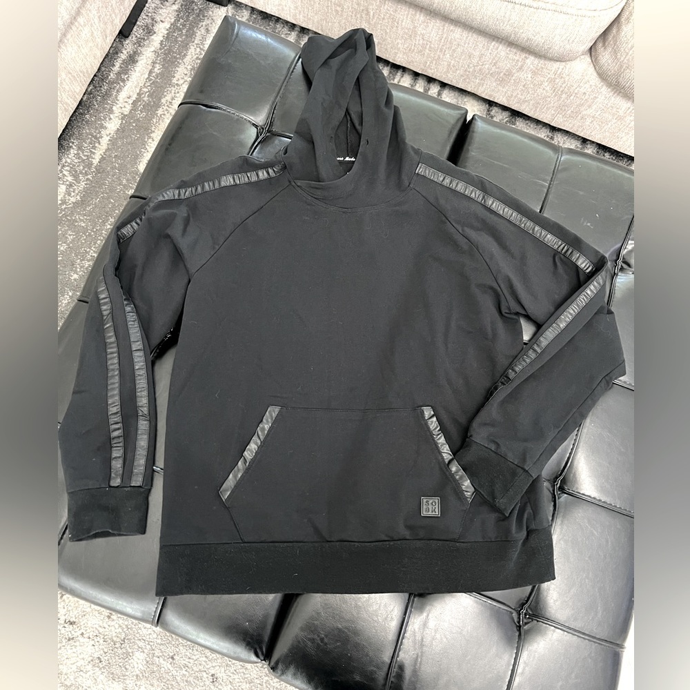 Women’s Black Lightweight Hoodie with Leather Detail